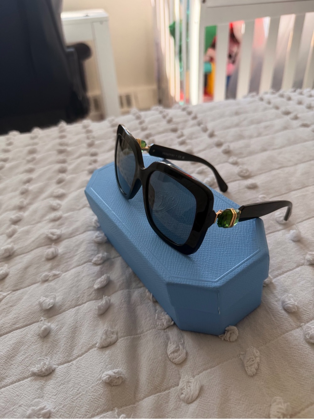 Classic Black Square Sunglasses with Green Accent Detail